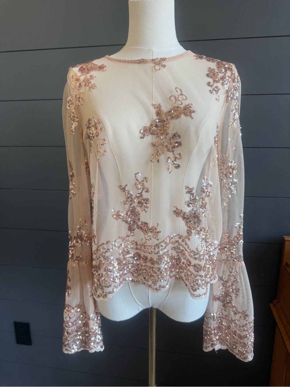 Fashion Nova Blush Rose Gold Sequin Sheer Bell Sleeve Party Cocktail Glam Top